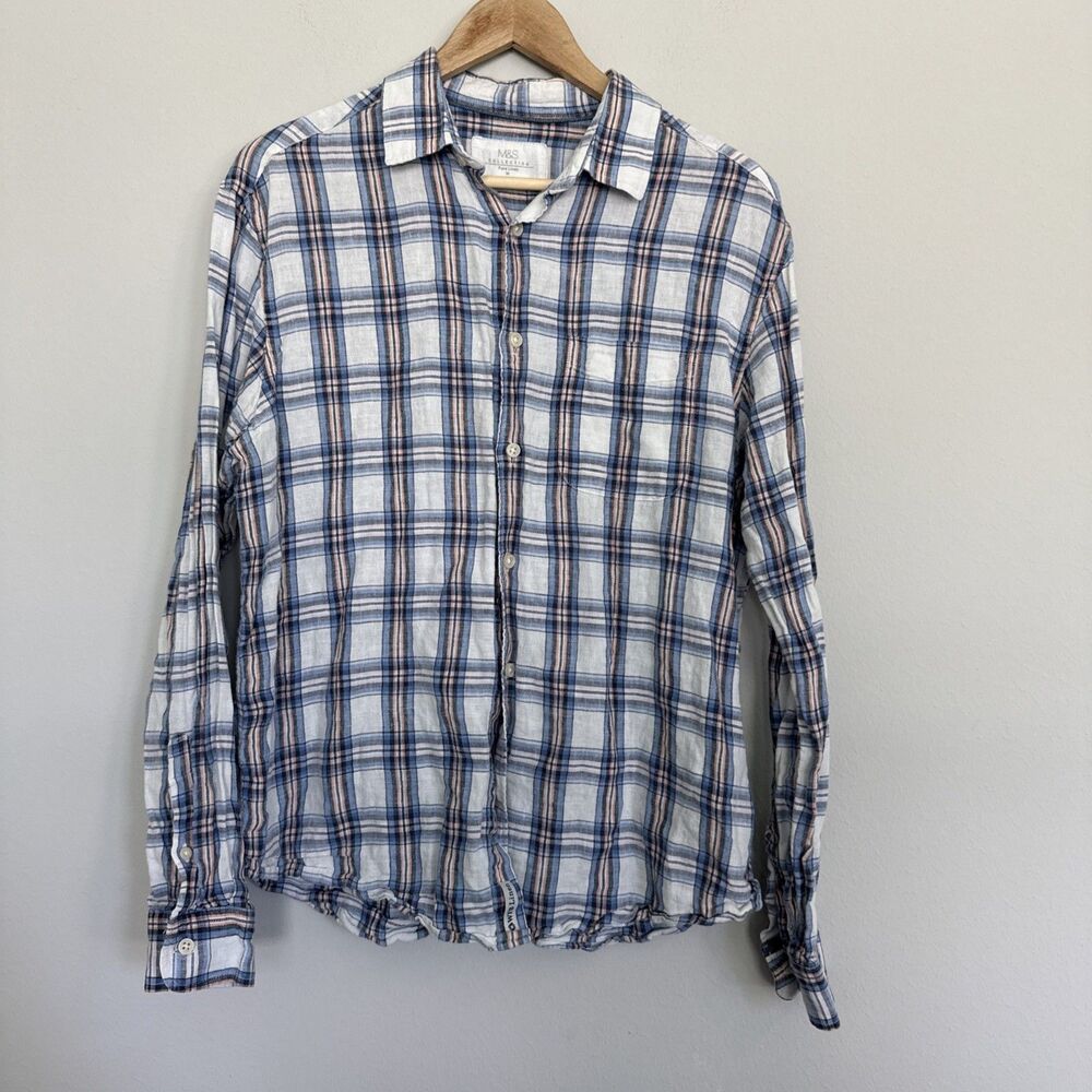 M&S Collection - WFB 100% Pure Linen Blue White Coral Pink Button Down Shirt Med